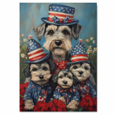 Schnauzer Dog Family in Patriotic Outfits and American Flag Hats with Flowers for Fourth of July Celebration on Ready to Hang 1.5" Thick Canvas Wrap, Floating Framed Canvas, Flat Rolled Canvas
